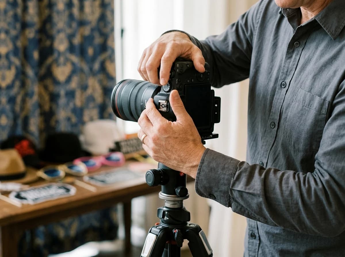 Close-up of a photo booth operator's hands adjusting camera settings before an event.
