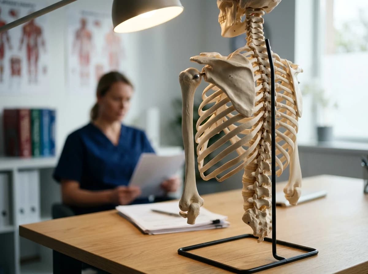 Detailed skeletal anatomy model with articulated joints on a clean desk.