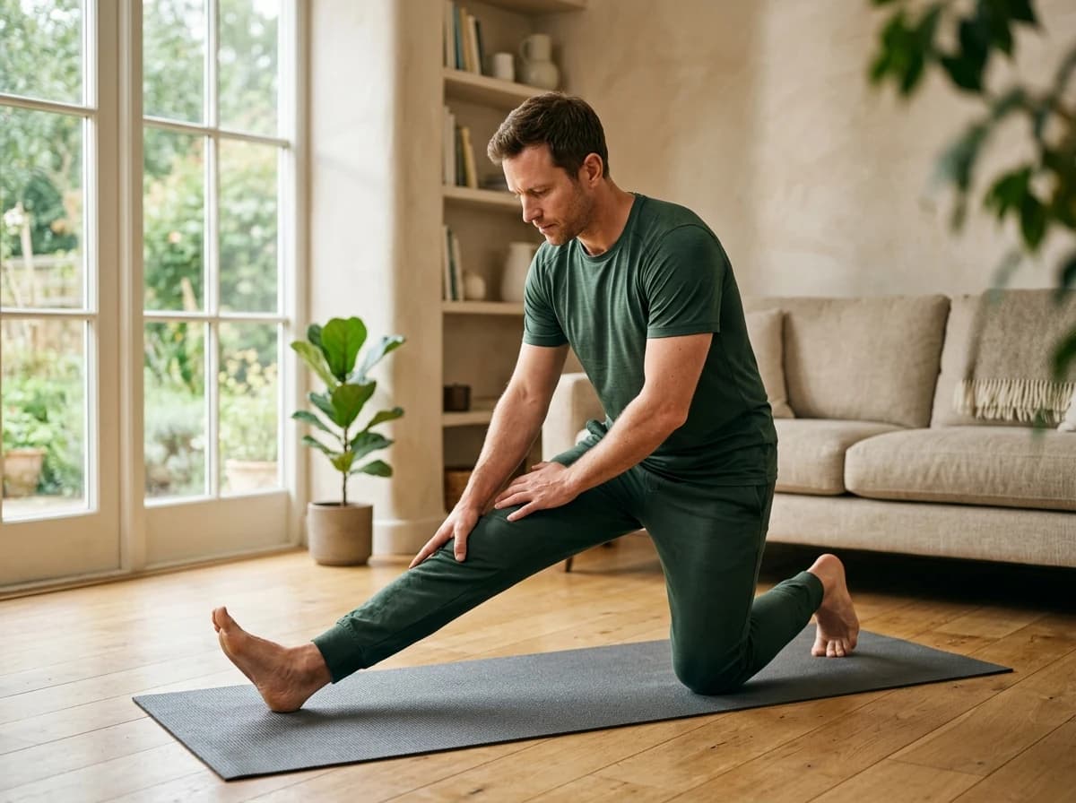 Adult male performing a low-impact stretch on a yoga mat in a bright home living room.