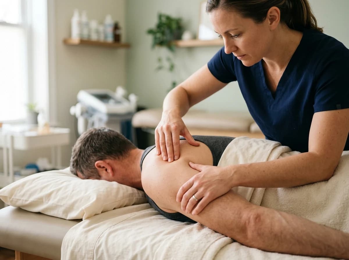 Physical therapist's hands demonstrating a manual therapy technique on a patient's shoulder.
