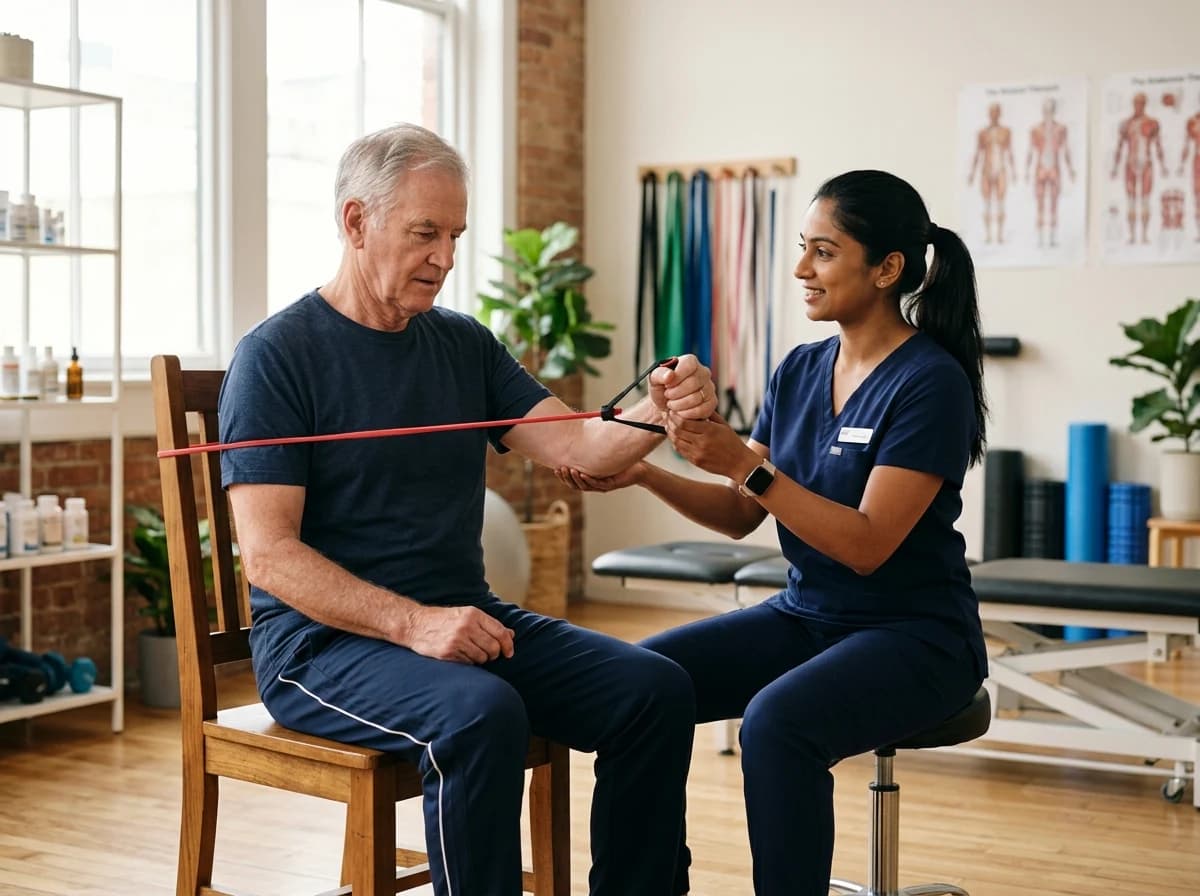Physical therapist gently guiding an adult patient through a seated resistance band exercise.