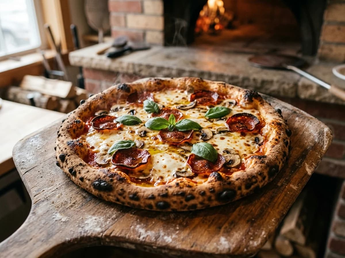 Close-up of a freshly baked, bubbling gourmet pizza on a rustic wooden peel.