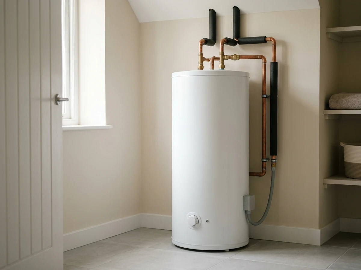 Plain white water heater with neatly installed copper pipework in a utility room