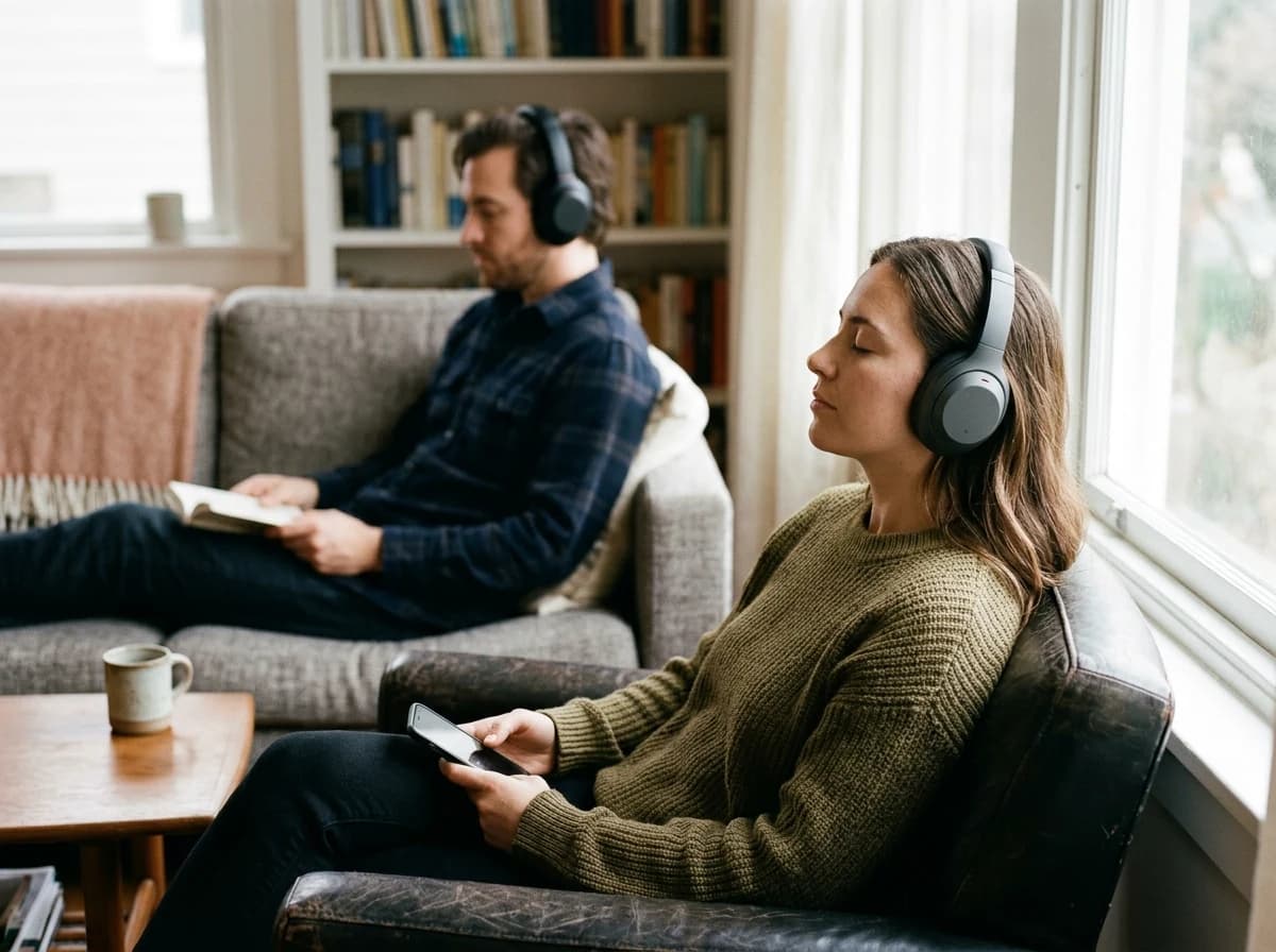 Two adults attentively listening to podcasts on headphones in a relaxed setting.