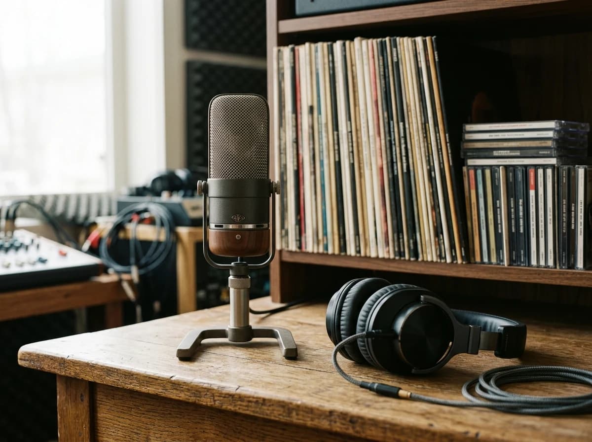 A curated still life of high-fidelity audio equipment: a vintage microphone, studio headphones, and a neatly stacked collection of vinyl records.
