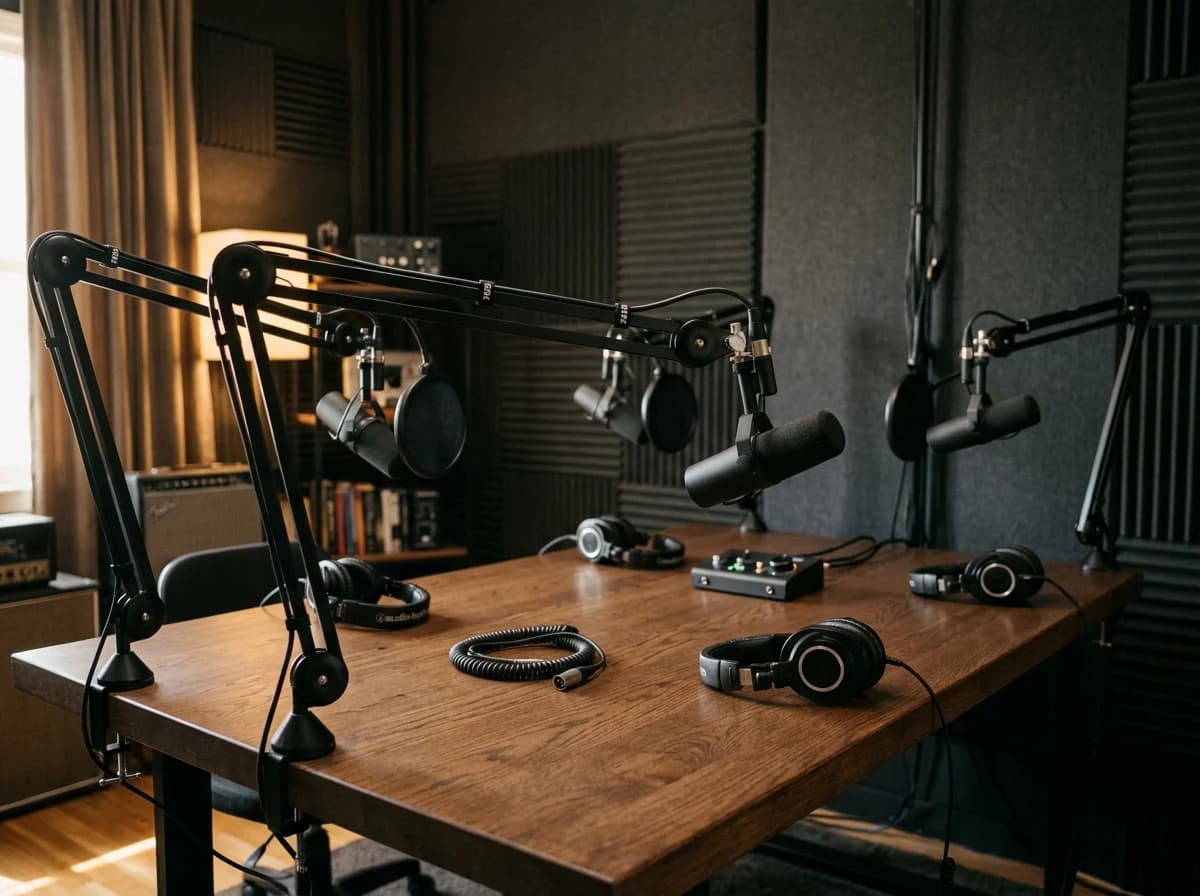 A professional podcast recording studio with sound-absorbing panels, high-quality microphones, and headphones in a comfortable, focused setting.