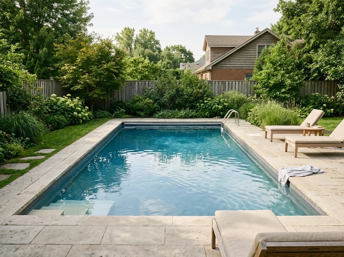 A clean backyard swimming pool surrounded by a pale stone deck and green planting.