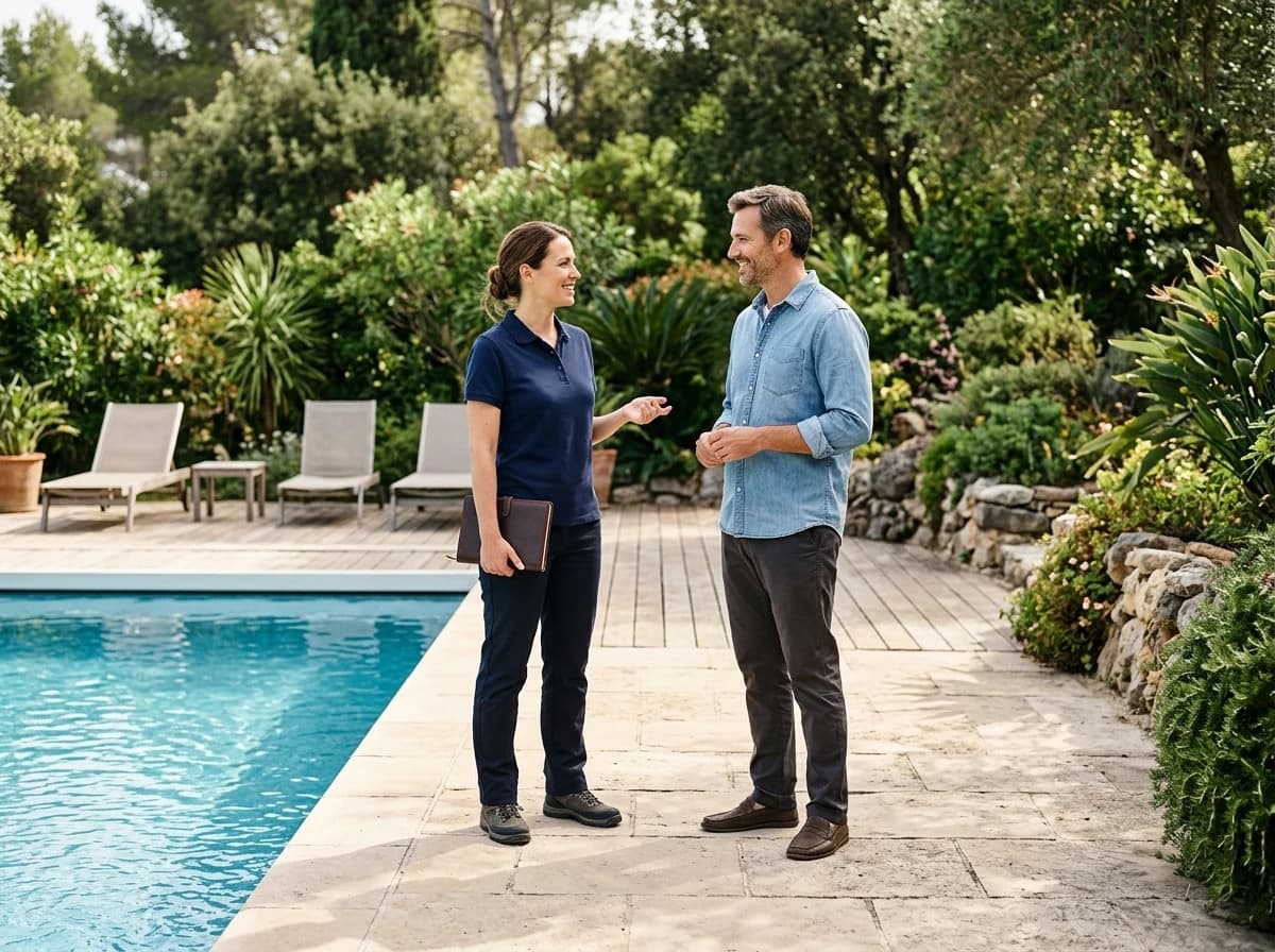 A pool service professional and a homeowner talking beside a backyard pool.