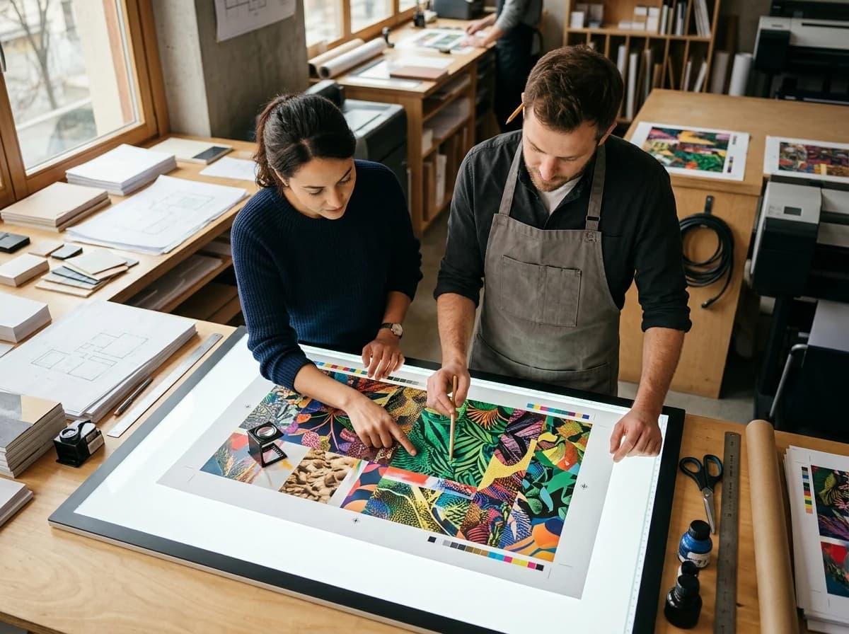 Two adults collaboratively reviewing large-format print proofs on a light table.