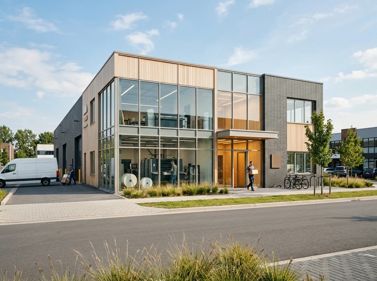 Establishing shot of a bustling, modern print shop exterior with large windows.