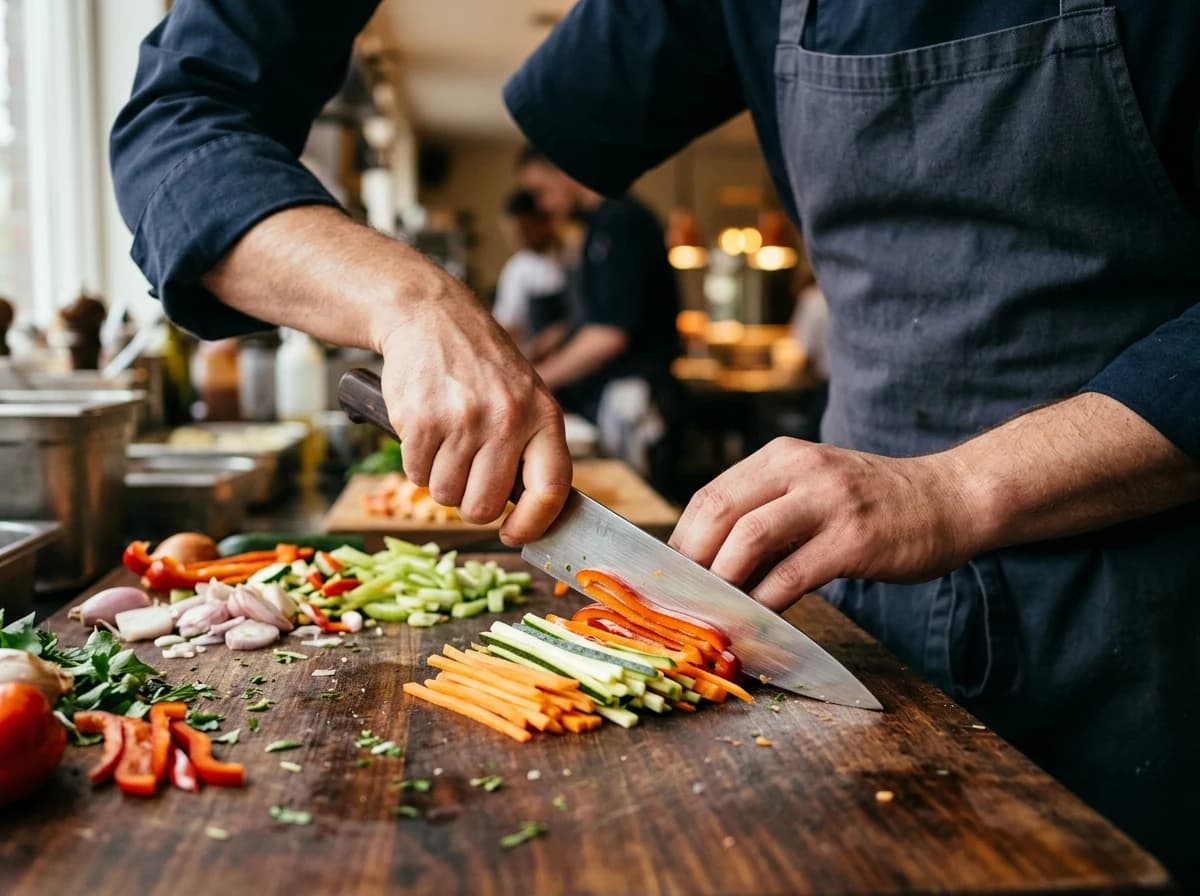 Chef's hands expertly chopping fresh vegetables on a wooden cutting board with a sharp knife.
