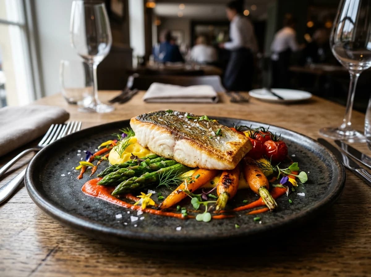 Artfully plated gourmet meal with vibrant colors on a dark ceramic plate.
