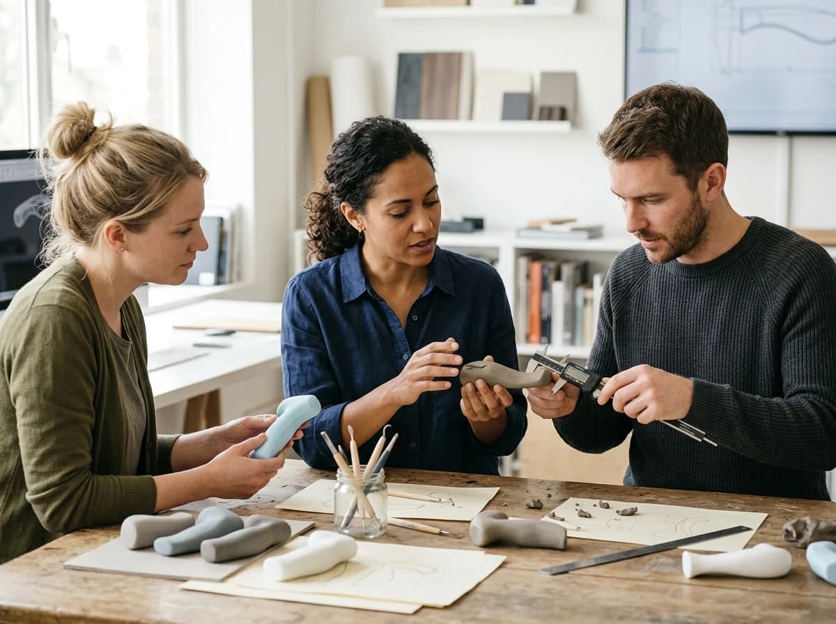 Three fictional adult product designers testing a palm-sized clay ergonomic handle prototype beside foam models and calipers