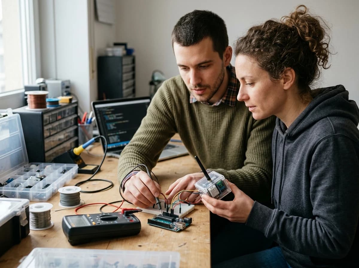 Two fictional adult programmers testing a compact unbranded environmental sensor prototype with a microcontroller board and multimeter