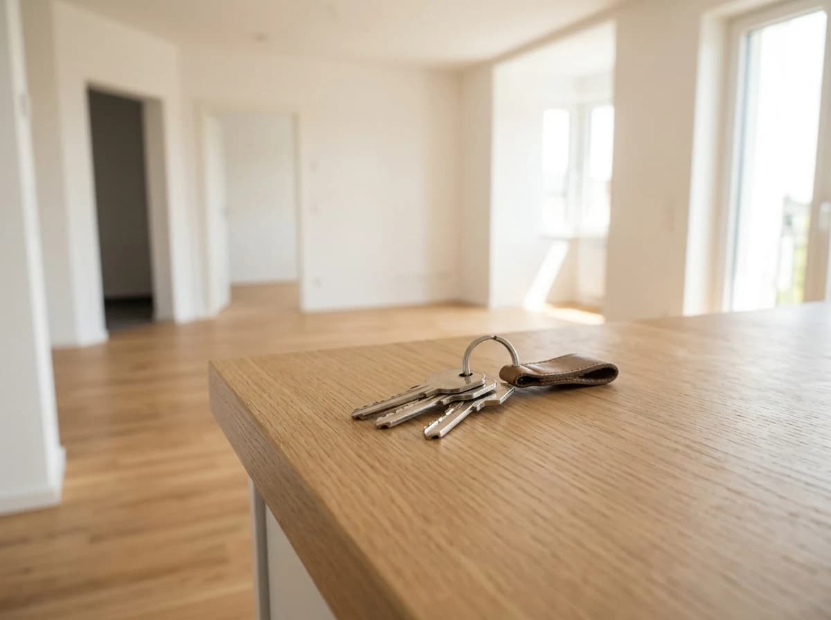 Set of shiny new keys resting on a clean kitchen countertop in a bright, empty apartment.