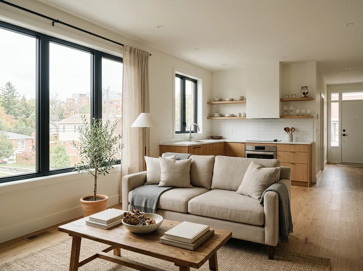 A clean unoccupied rental apartment living room with large windows, warm wood flooring, an open kitchen and simple staging furniture.