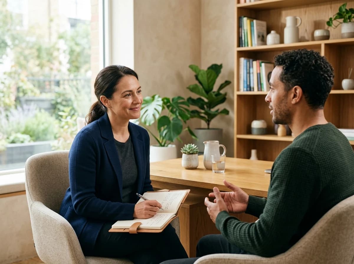 Compassionate female psychiatrist in a bright office engaged in a focused, empathetic consultation with a patient.