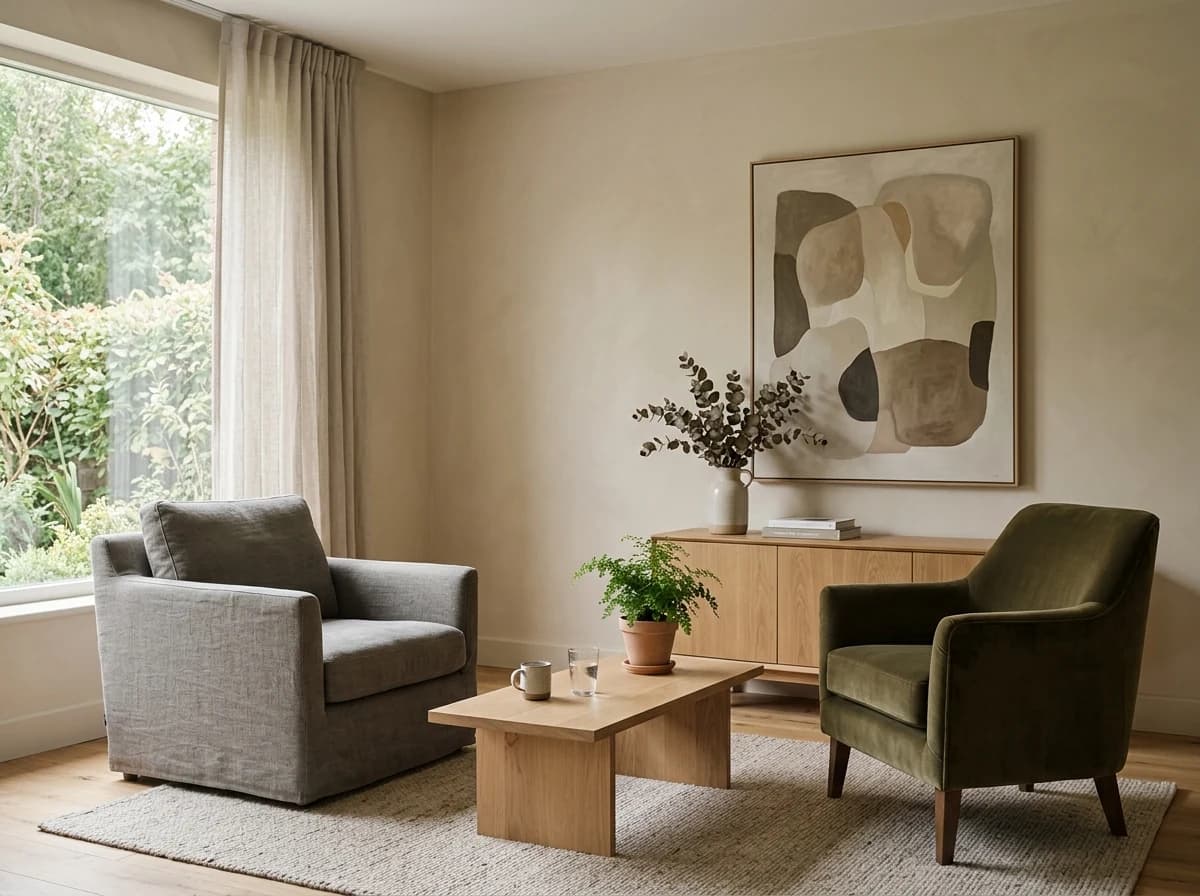 Serene, tastefully decorated psychiatry consultation room with two comfortable chairs and a small table.