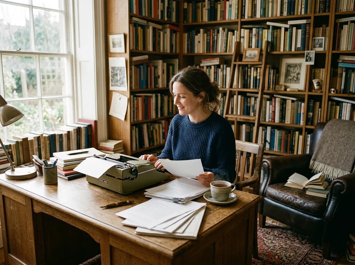 A cozy, sunlit independent publisher's office with bookshelves filled with diverse titles, a vintage typewriter on a wooden desk, and stacks of manuscripts.