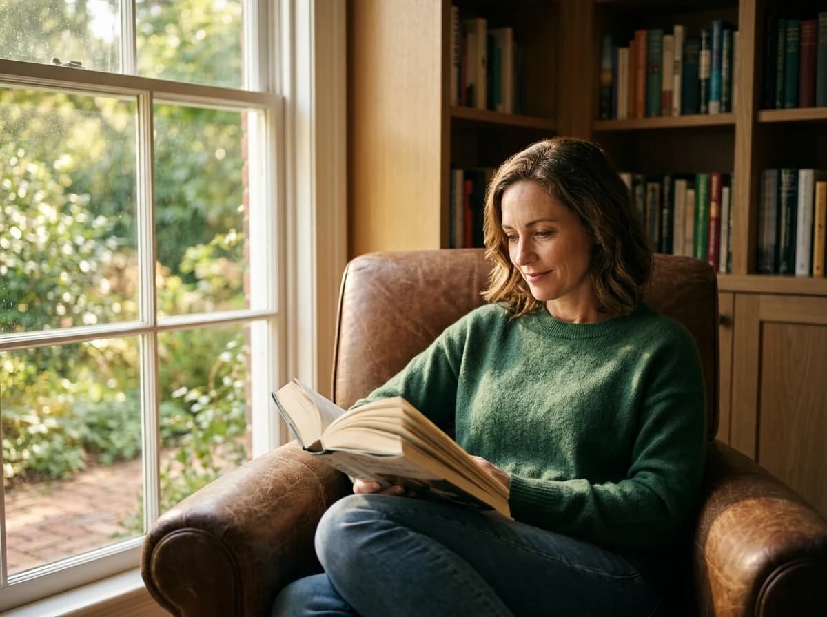 An adult comfortably reading a physical book in a sunlit armchair, completely engrossed in the story.