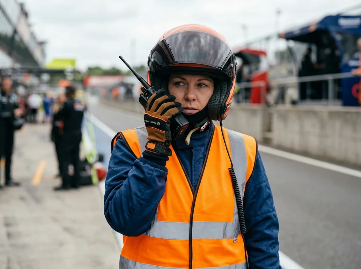 A race marshal in full safety gear, wearing a helmet and high-visibility vest, holding a two-way radio to their ear.