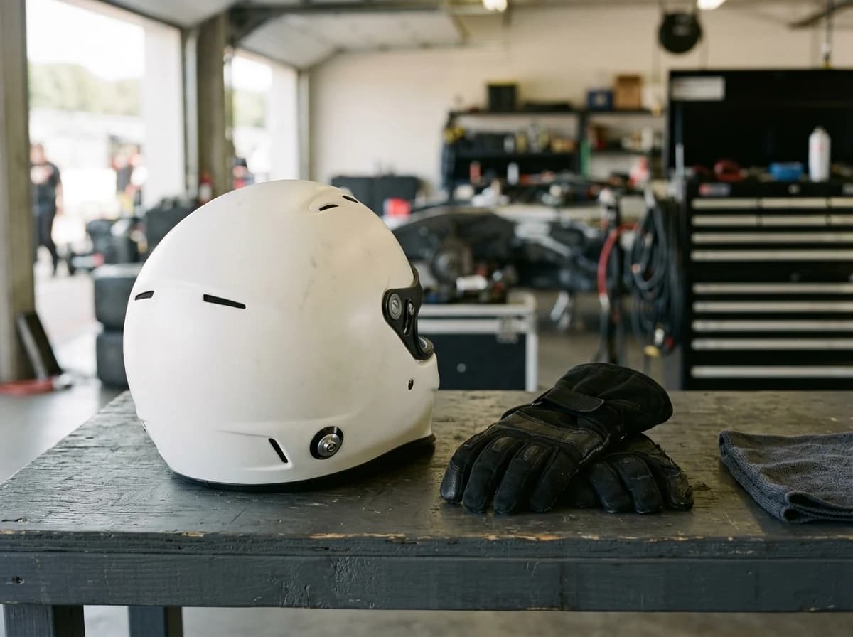 Plain matte white safety helmet and unbranded protective gloves on a pit workbench