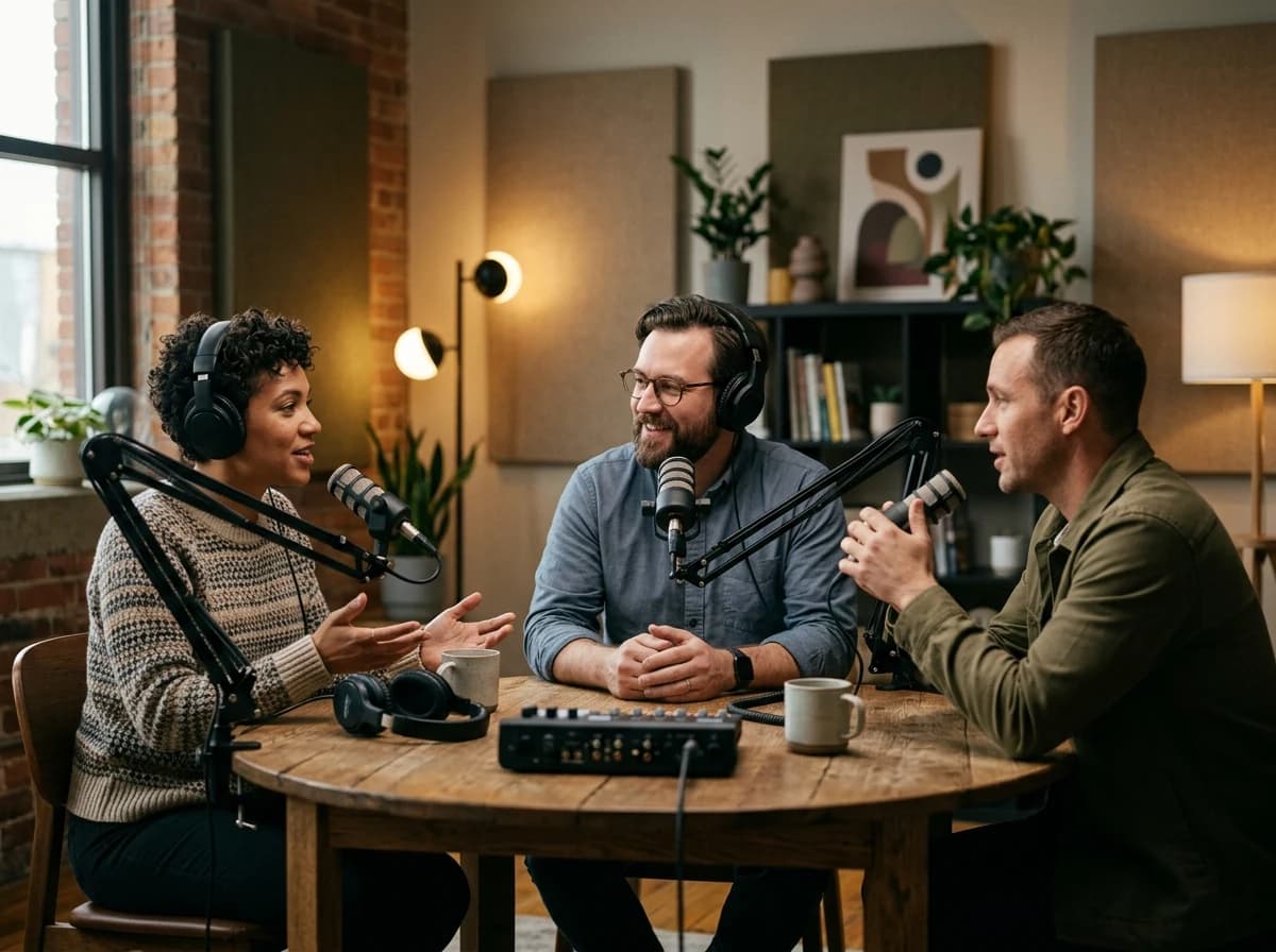 Three diverse adults recording a podcast in a comfortable studio setting with microphones.