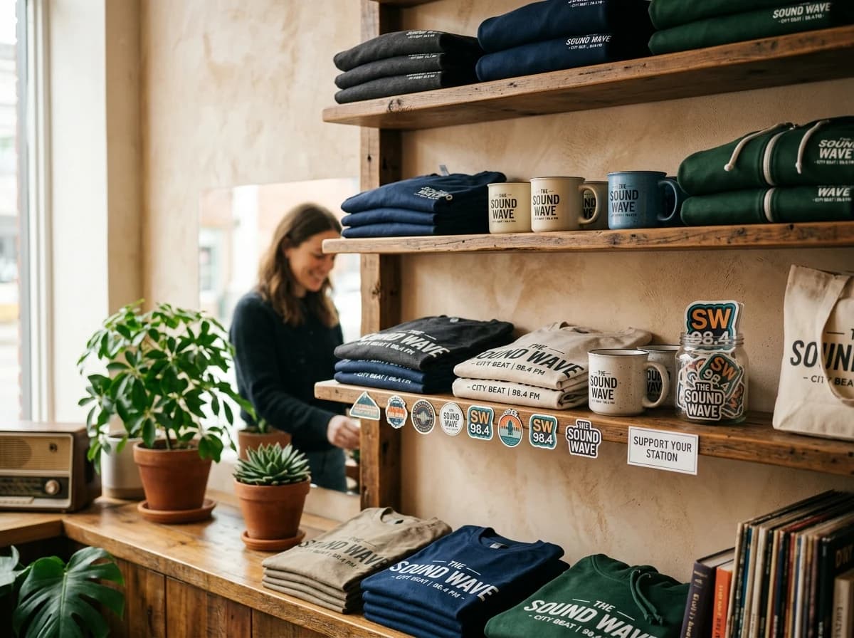 A wall display of radio station branded merchandise like t-shirts and mugs.