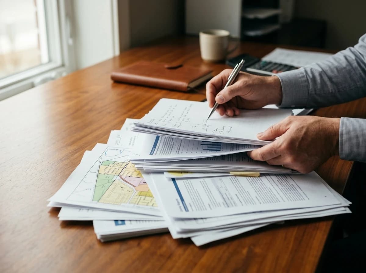Hands of an appraiser meticulously reviewing property deeds and comparable sales data on paper documents