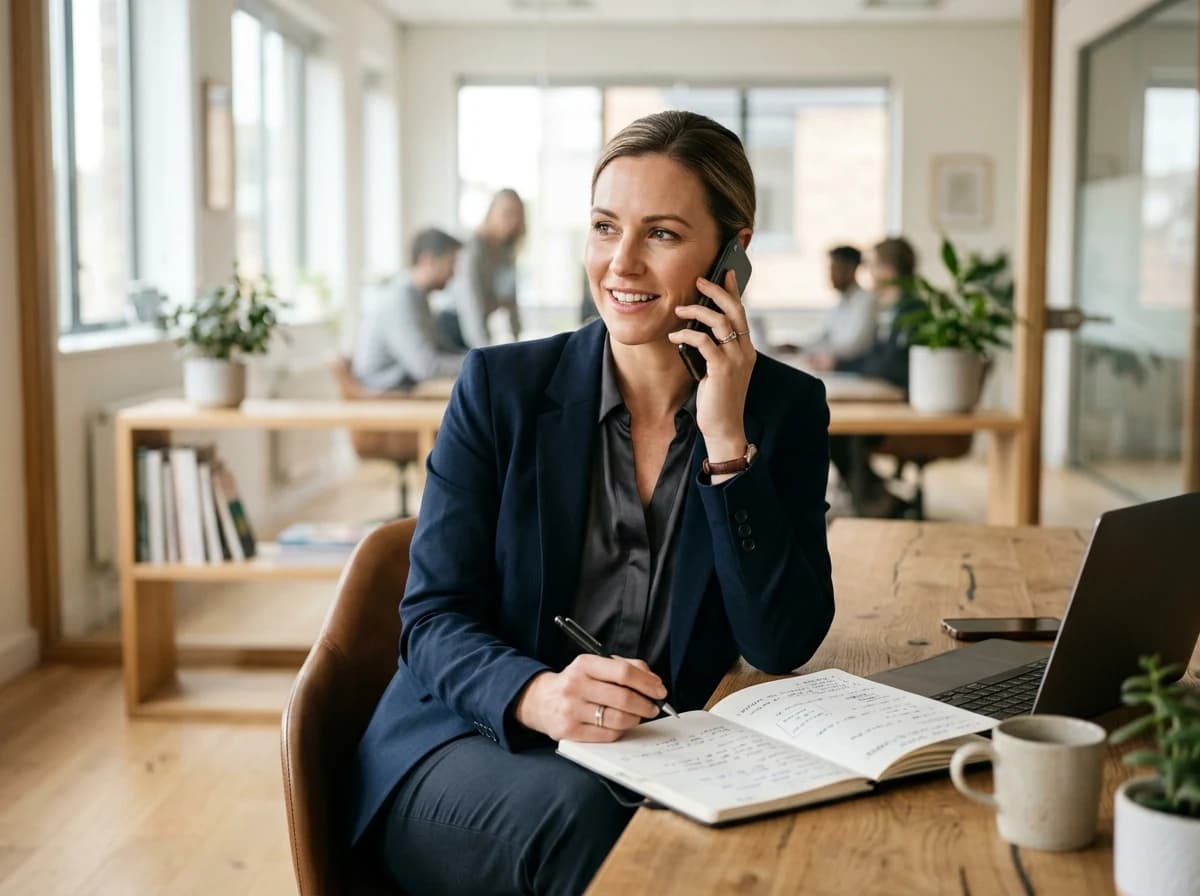 A professional real estate agent confidently on a phone call, applying new sales strategies.