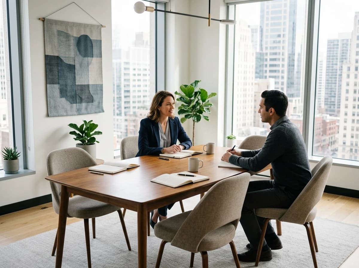 Elegant, bright office with a large conference table, ready for a real estate coaching session.