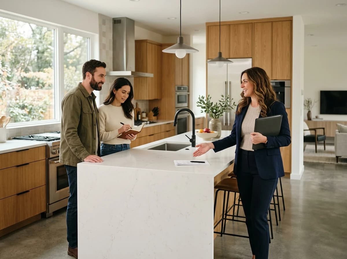 A female real estate agent gesturing towards a spacious, modern kitchen island while speaking to an adult couple, all dressed professionally.