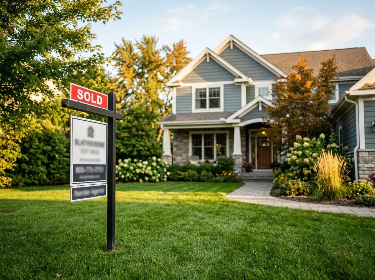 A 'Sold' sign planted in the green lawn in front of a recently purchased suburban house under clear skies.
