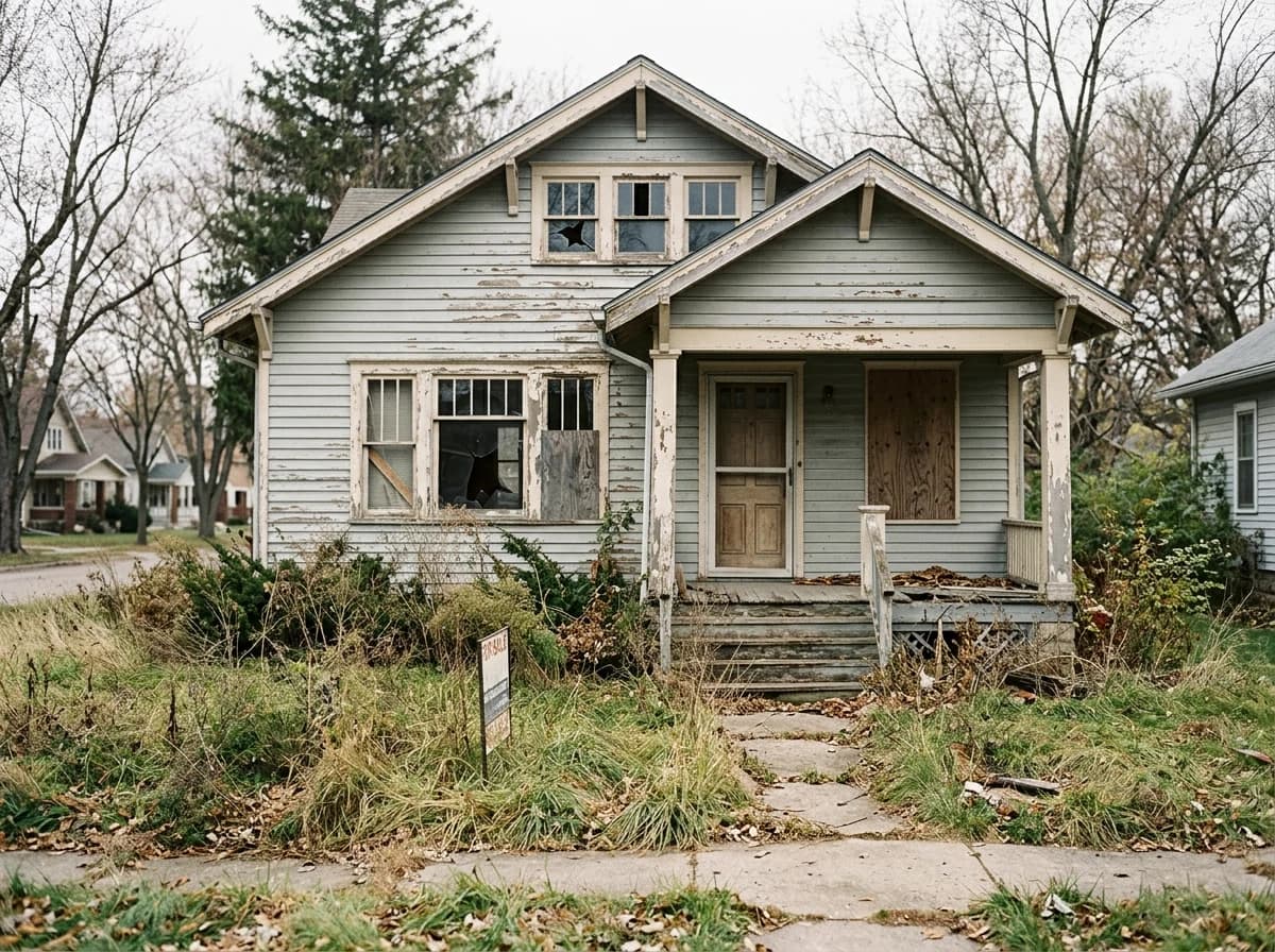Exterior of a distressed, abandoned single-family house with peeling paint and overgrown shrubs, under a bright overcast sky.