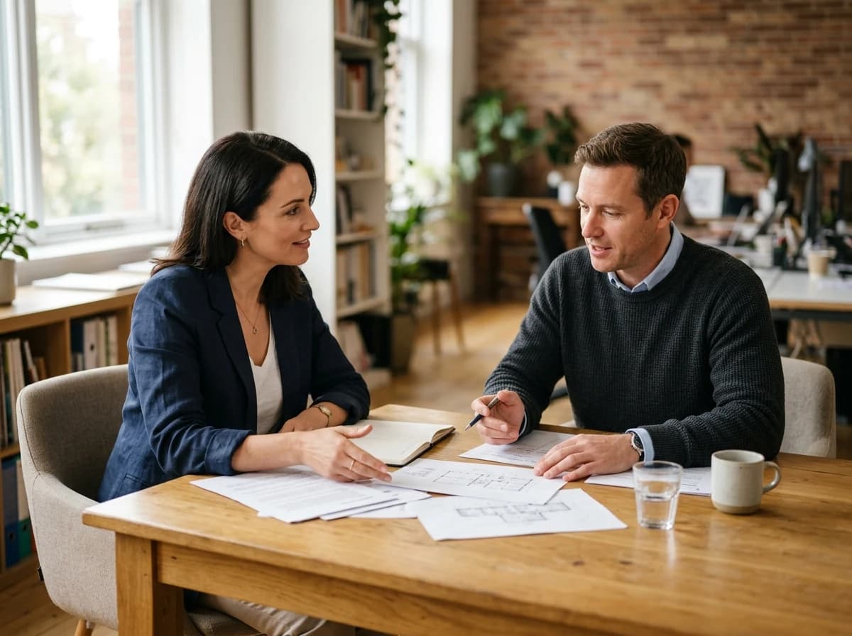 Two adults, a man and a woman, seated at a table, reviewing physical documents and discussing property details.