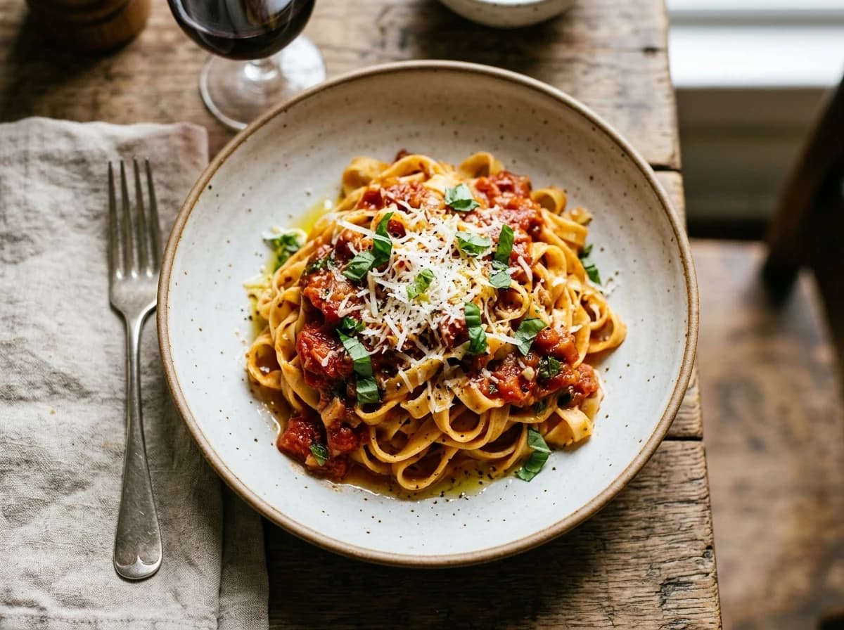 A close-up of a perfectly plated dish of fresh pasta with sauce and garnish.