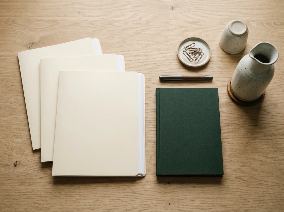 Closed cream applicant folders, a plain notebook and interview stationery arranged neatly on a recruiter’s desk.