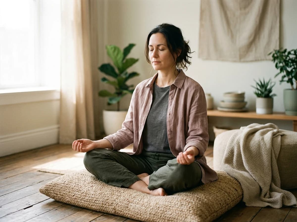 An adult client sitting cross-legged on a floor cushion in a tranquil room, eyes closed in peaceful meditation, bathed in soft light.