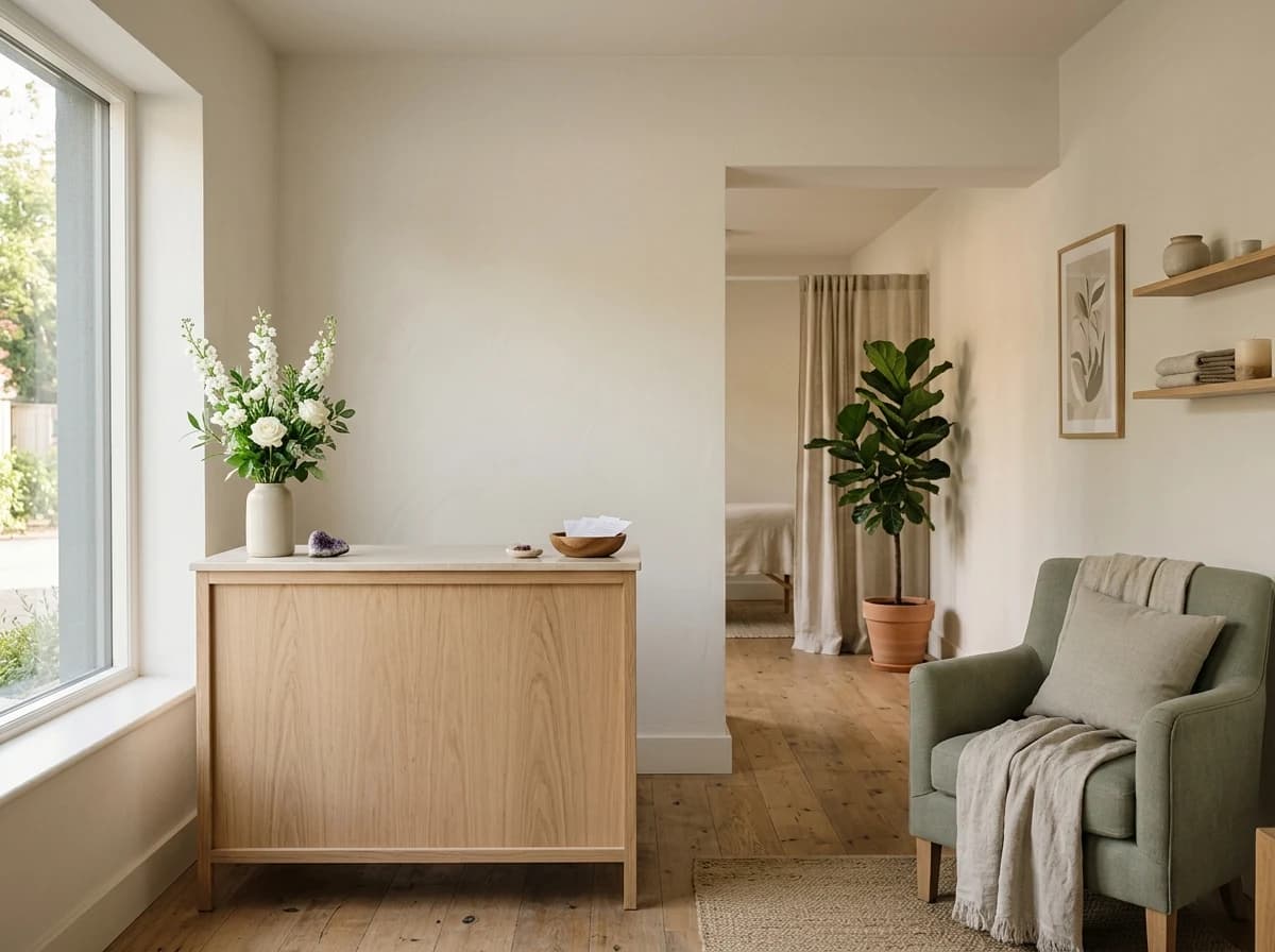 Inviting, softly lit reiki studio entrance with a small reception desk, a vase of fresh white flowers, and natural wood accents.