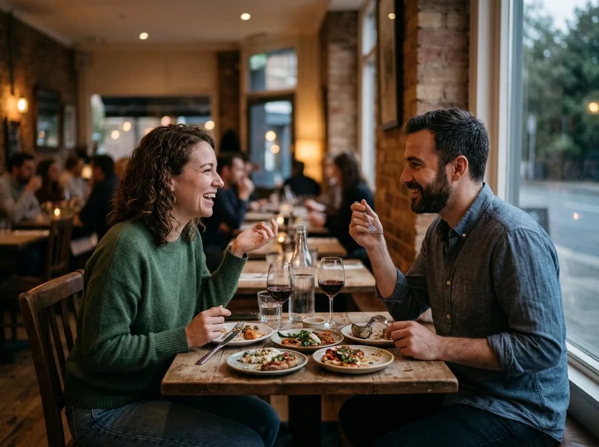 Guests sharing a meal in a warmly lit restaurant
