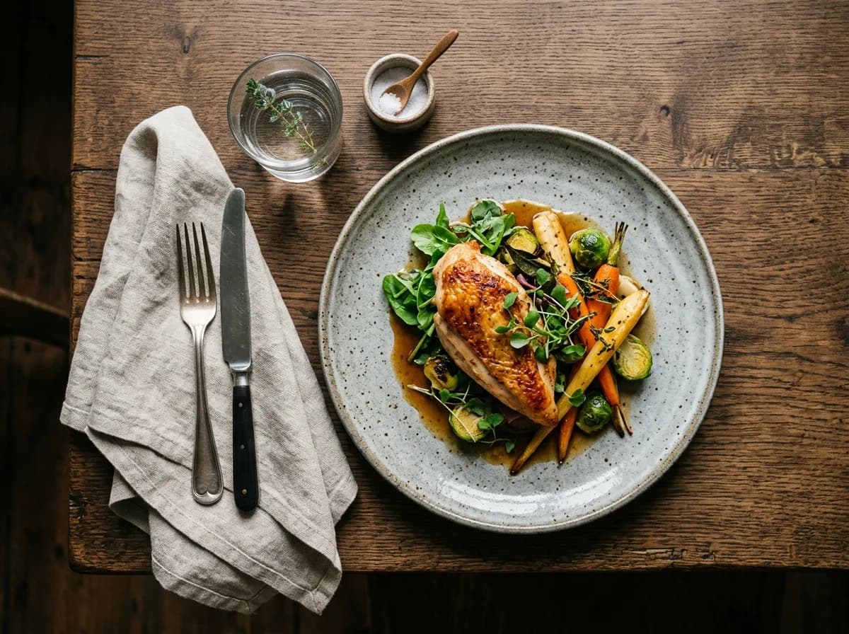 Seasonal dish served on a ceramic plate with vegetables and fresh herbs