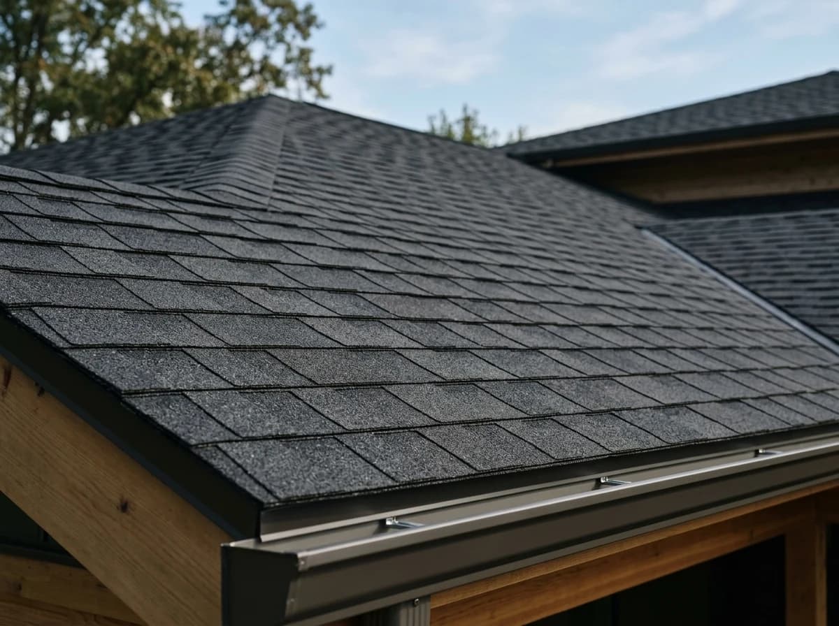 Close-up of a meticulously installed, dark architectural shingle roof on a residential home, clean and new.