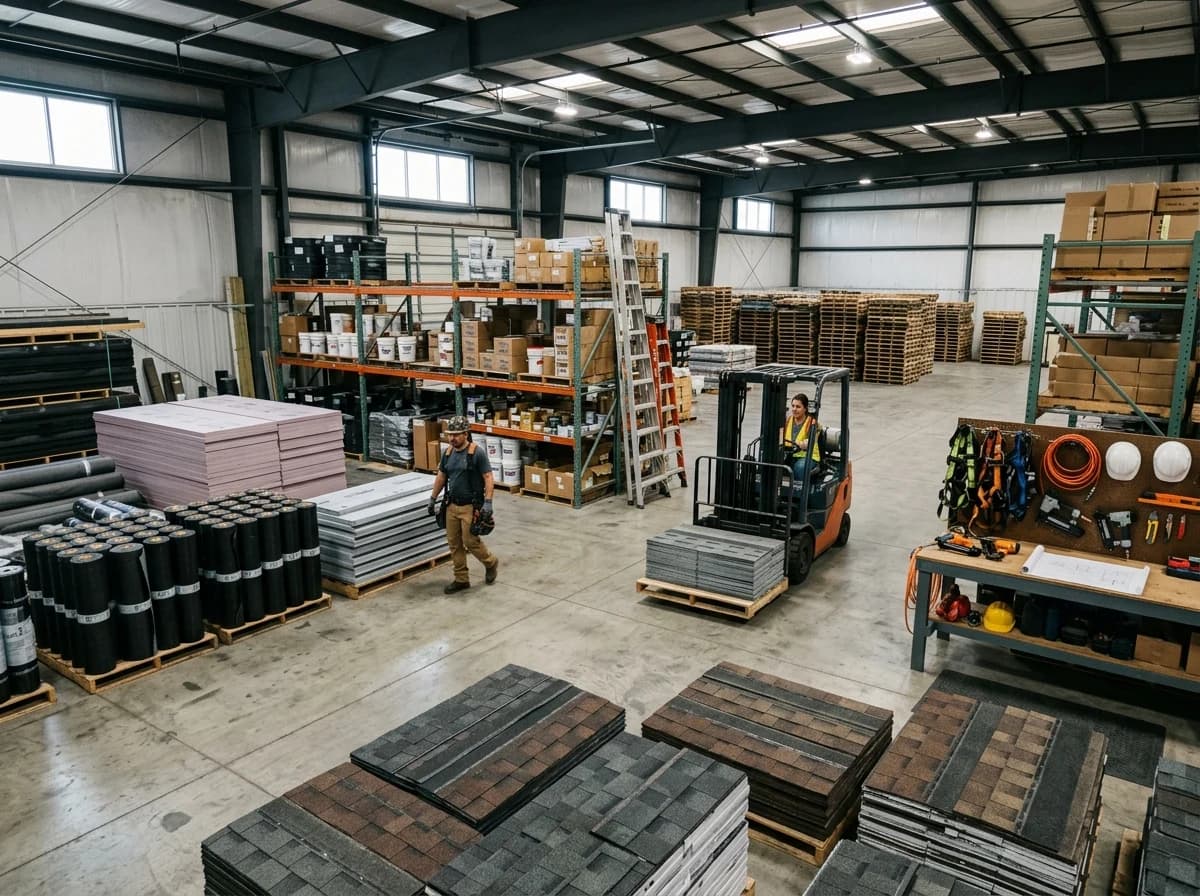 Organized interior of a roofing material warehouse with stacks of shingles, insulation, and tools.