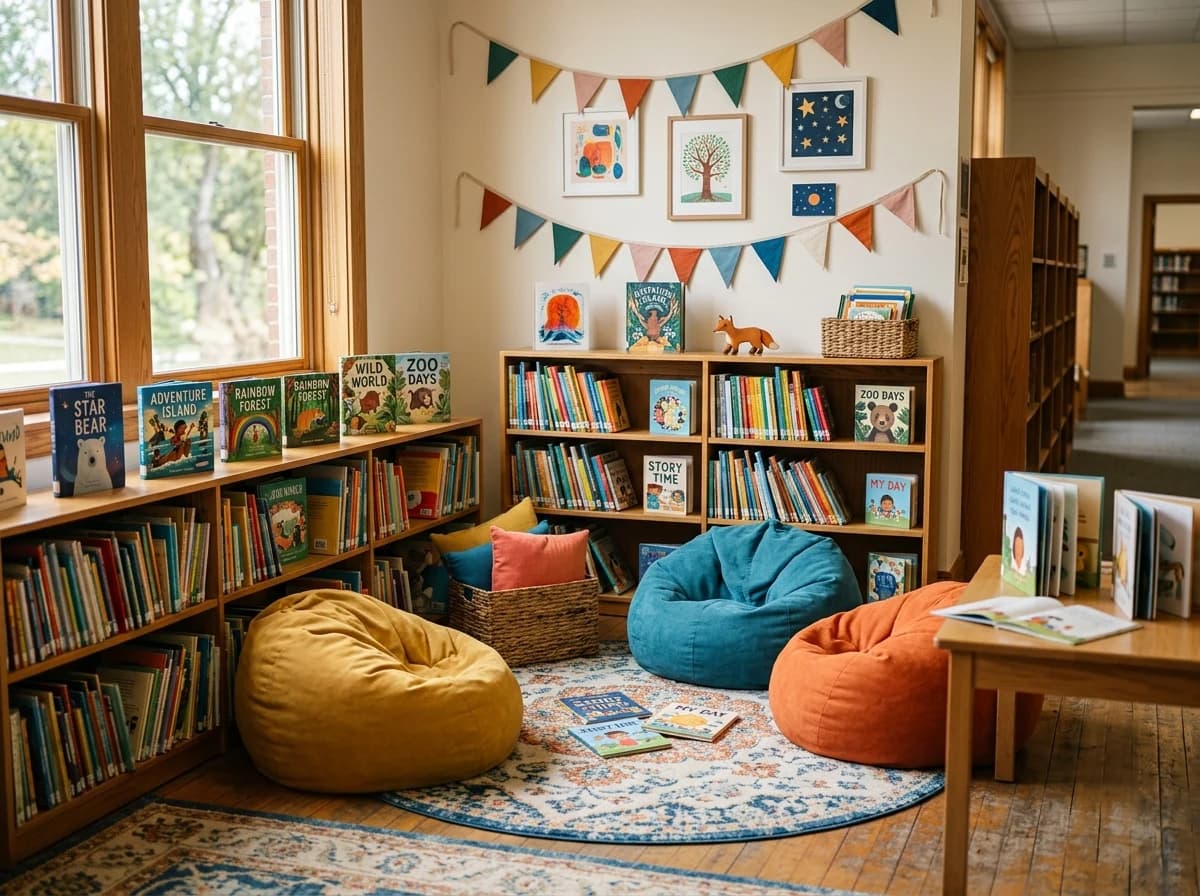 A colorful and cozy empty children's reading nook with beanbags and low bookshelves.