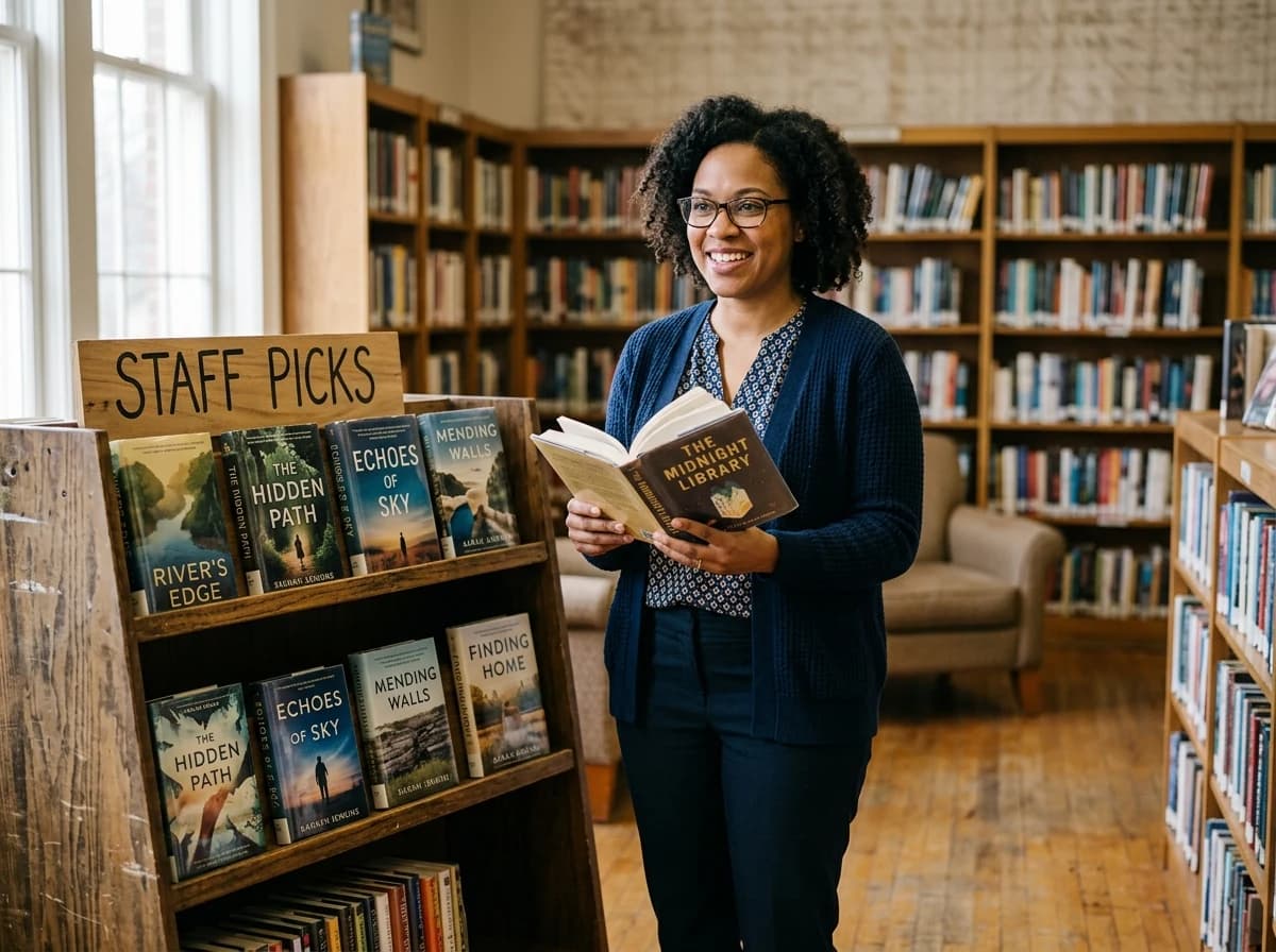 A librarian thoughtfully recommending a book from a display to an unseen person.