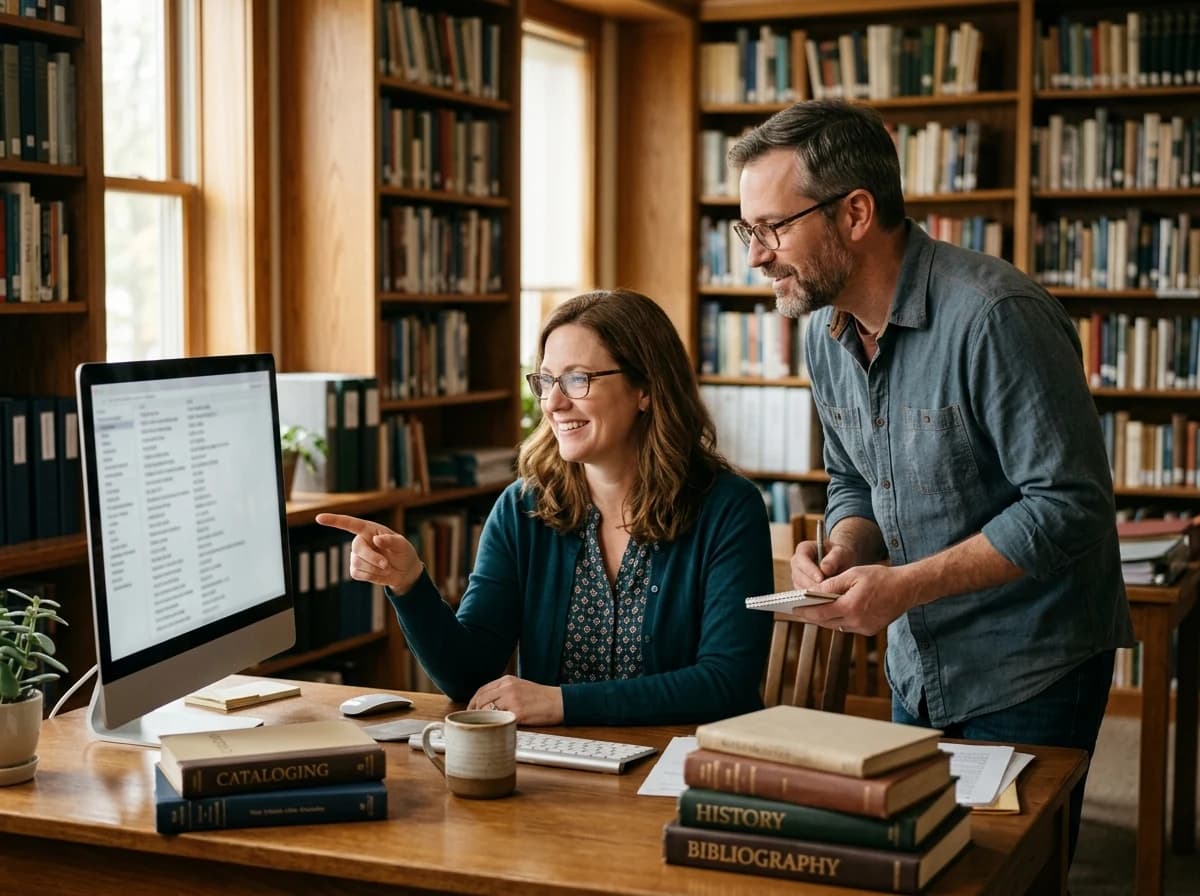 Two adult librarians collaborating over a book catalog on a computer in a library office.