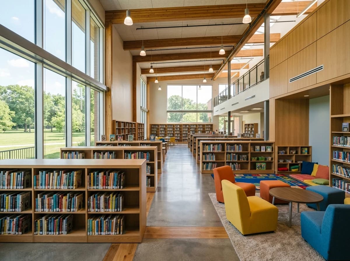 A wide shot of a bright, modern school library with colorful seating and well-stocked shelves.