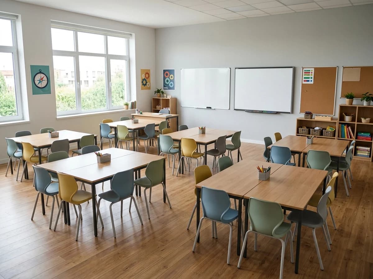 Bright, empty classroom with colorful chairs, natural light, and a whiteboard.