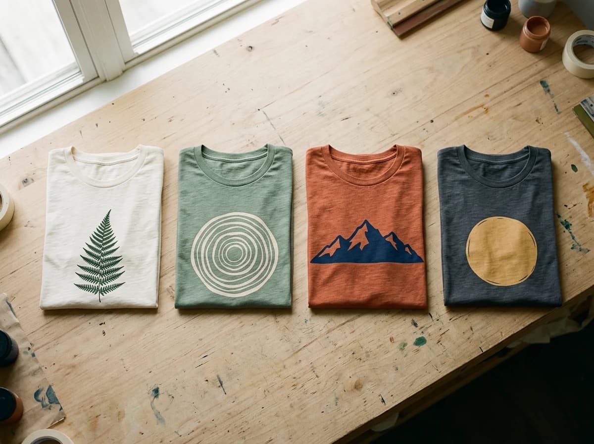Four folded cotton T-shirts with botanical and geometric prints arranged on a screen-printing worktable.