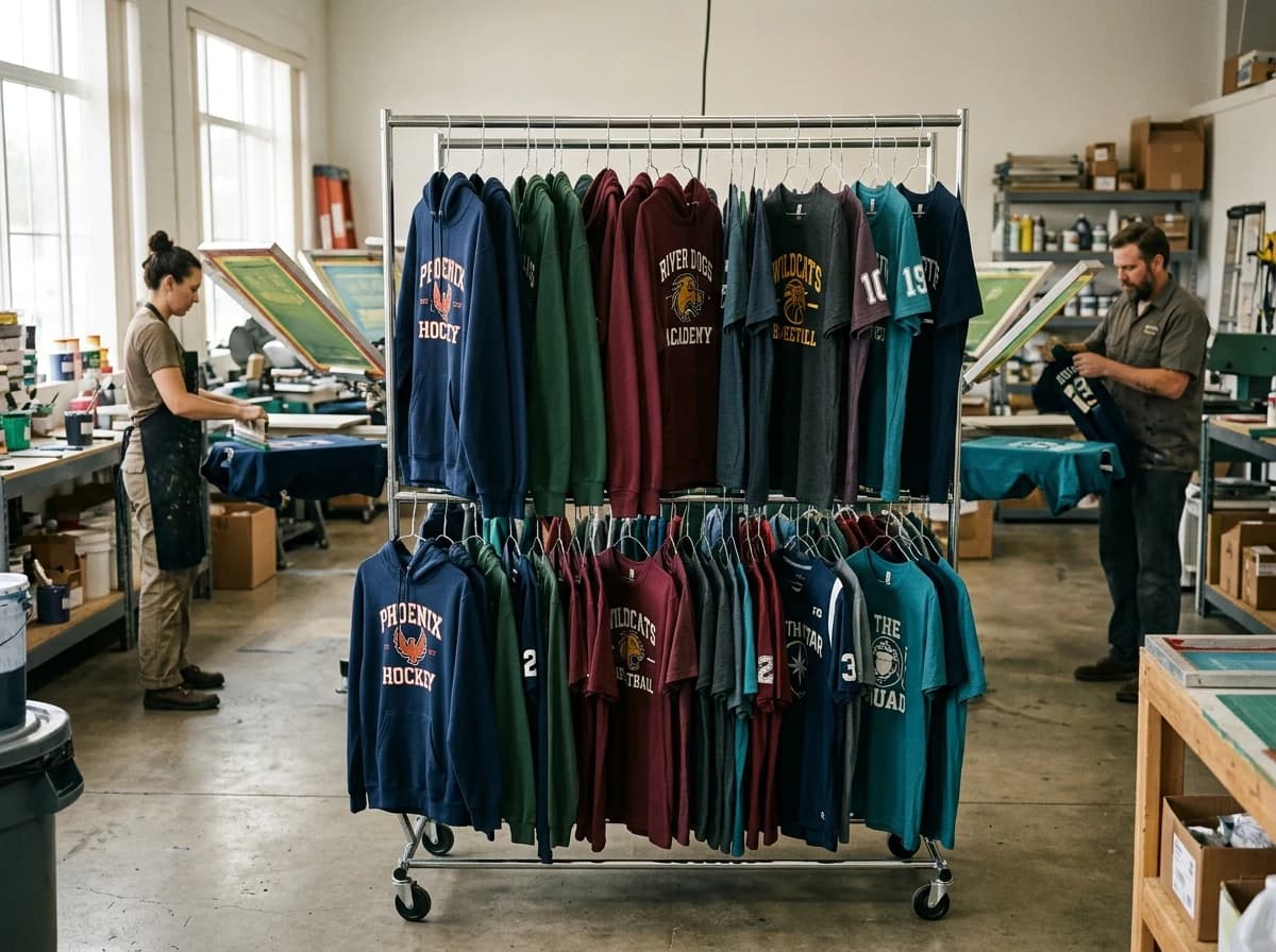 Rows of freshly printed team uniforms drying on racks in a well-organized print shop.